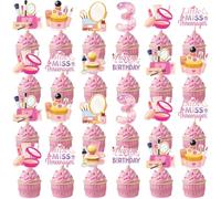 Hokinaa Little Miss Threenager Birthday Decorations - 40 Pcs Makeup 3rd Birthday Cupcake Toppers for Girl, Pink Cosmetics Theme Cup Cake Topper, Happy 3 Year Old Party Photo Background Decor Supplies