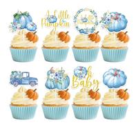Hokinaa Little Pumpkin Baby Shower Decorations - 24 Pcs Pumpkin Oh Baby Cupcake Toppers for Boy, Blue Fall Floral Truck Cup Cake Topper Picks, Thanksgiving Halloween Gender Reveal Party Supplies Decor