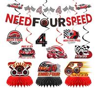 Hokinaa Need Four Speed Birthday Decorations - 11 Pcs Pre-Strung Race Car 4th Birthday Banner Set, Black Red Hanging Swirls Honeycomb Centerpiece, Racing 4 Year Old Party Decor Supplies for Boys