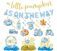 Hokinaa Pumpkin Baby Shower Decorations - 13 Pcs Pre-Strung A Little Pumpkin Is On The Way Banner, Blue Gold Hanging Swirls Honeycomb Centerpiece, Fall Baby Shower Gender Reveal Party Decor Supplies