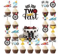 Hokinaa Two Fast Cake Decorations - 25 Pcs Race Car Theme Curious Baby 2nd Birthday Cupcake Topper Let's Go Racing Table Decor Trophy Checkered Flag Traffic Light 2 Years Old Party Supplies for Boys