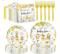 Hokinaa What Will It Bee Decorations - 96 Pcs Bee Bumble Themed He or She Gender Reveal Tableware, Disposable Paper Plates Napkins Forks, A Little Honey is on The Way Baby Shower Party Supplies Decor