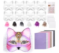 Hokoad Therian Cat Mask Kit, 31pcs Blank DIY Cat Mask Making Kit Include Faux Therians Masks Fur and Felt Sheet with Gem Sticker and Eye Mesh for Cosplay Masquerade Halloween (Style 1)