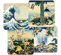Hokusai Coasters Set of 4. Cork backed. Great Wave, Yoro Waterfall Japanese Block Paintings Coaster Gift