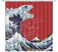 Hokusai Great Wave Shower Curtain, Japanese Great Wave of Kanagawa as Godzilla Ocean Boat Japan Mount Fuji for Boys Fabric Bathroom Decor Sets with 12 Hooks,71X71 Inchs,Red Blue