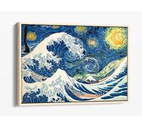 Hokusai Great Wave Van Gogh Starry Night Canvas Floater Frame Print Picture Art - Light Oak Frame 24 inch wide x 16 inch high