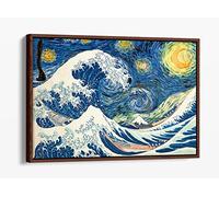 Hokusai Great Wave Van Gogh Starry Night Canvas Floater Frame Print Picture Art - Walnut Frame 24 inch wide x 16 inch high