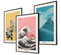 Hokusai Poster Set, Japanese Wall Decoration, Japan Art Pictures, Bedroom Decoration, Living Room Decoration, Eclectic Paintings (3 x A4, Wooden Frame, Black)