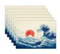 Hokusai Style Table Mats Set of 6, Ocean Waves Washable Non-slip Place Mats Heat Insulation Placemats for Kitchen Dinning Restaurant, 30 x 45cm, Blue