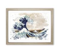 Hokusai Under the Great Wave of off Kanagawa V3 Modern Framed Wall Art Print, Ready to Hang Picture for Living Room Bedroom Home Office Décor, Oak A4 (34 x 25 cm)