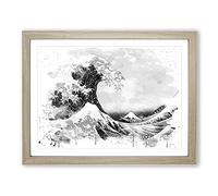 Hokusai Under the Great Wave of off Kanagawa V4 Modern Framed Wall Art Print, Ready to Hang Picture for Living Room Bedroom Home Office Décor, Oak A3 (46 x 34 cm)