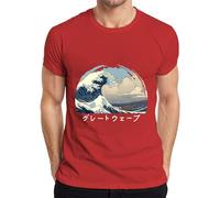 Hokusai Wave Japanese Ukiyoe Sea Boat Anime Manga Men's T-Shirt, red, M