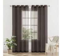HOKXUAN Eyelet Top Sheer Curtains 100 x 70 cm Soft Texture Linen Look Curtain with Pencil Pleat Eyelet Voile Curtains for Living Room, Brown