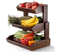 HOLANA Acacia 3 Tier Fruit Basket for Counter - Wooden Fruit Bowl for Kitchen Counter Organizer, Vegetable & Produce Storage, Wooden Basket & Snack Organizer for Countertop Storage (Walnut)