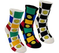 holawit] Cute Happy Smiley Face Checkerboard Design Crew Socks 3P Set, White, Black, Multicolor