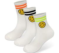 [holawit] Cute Happy Smiley Face Neon Double Stripes Crew Socks, 3P Set - Neon Orange, Green, Black - Women's Size M, 3 Count