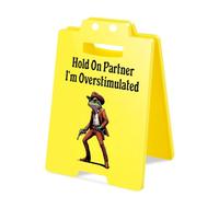 Hold On Partner I'm Overstimulated Sign,Stress Relief Humorous Desk Sign,Funny Mini Warning Plaque, Foldable Tabletop Gag Decor Gift for Boss, Teammate, Therapy,Study Room&Home YELLOW3