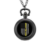 Hold The Line U.S. Flag Vintage Pocket Watches Roman Numerals Quaretz Watch with Chain Christmas Birthday Gifts Black-Style
