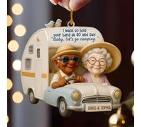 Hold Your Hand at 80 Baby Let's Go Camping, Personalized Couple Acrylic Ornaments, Custom Old Couple on Camping Truck Shaped Ornament, Vintage Elderly Couples Gifts for Grandparents