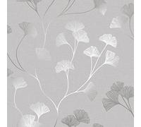 Holden Decor 12700 Glistening Gingko Grey Silver Paper Wallpaper, Grey/Silver, Full Roll