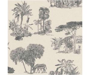 Holden Décor Black White Safari Toile Wallpaper Giraffe Zebra Tropical Tree Pattern