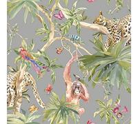 Holden Decor Fantasia Jungle Animals Silver Wallpaper 90692 - Orangutan Leaf