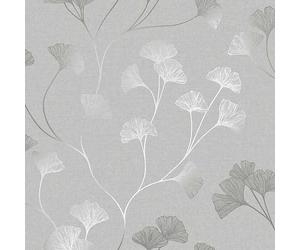 Holden Decor Glistening Ginkgo Grey Silver Linear Floral Smooth Wallpaper 12700