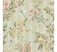 Hampton Gardens Floral and Animal Printed Classic Stripe Wallpaper Ideal for Bedrooms, Living Rooms Cozy Lounges Soft Sage Green Holden 13910