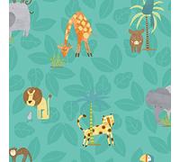 Jungle Friends Lion Monkey Elephant Kids Cartoon Wallpaper Holden Decor Teal One Size
