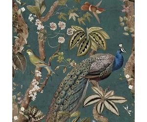 Holden Decor Peacock Woods Animal Print Flowers Colourful Oriental Themed Wallpaper Aqua Blue 13682