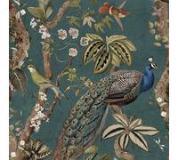 Holden Decor Peacock Woods Animal Print Flowers Colourful Oriental Themed Wallpaper Aqua Blue 13682
