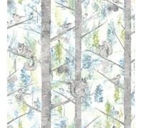 Holden Décor Teal Woodland Tree Wallpaper Metallic Squirrel Birds Green Non-Woven Grizedale