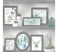 Holden Decor Whitcliffe Stag Frames Grey Teal Wallpaper 90730 - Check Shelves