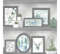 Holden Decor Whitcliffe Stag Frames Grey Teal Wallpaper 90730 - Check Shelves
