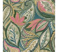 Holden Paisley Leaves Wallpaper - Modern Wallpaper for Living Room, Bedroom, Fireplace - Decorative Luxury Wall Paper with Soft Sweeping Leaves & Paisley-Style Pattern (Green, Pink, Yellow & Blue)