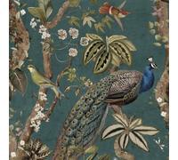 Holden Decor Peacock Woods Animal Print Flowers Colourful Oriental Themed Wallpaper Aqua Blue 13682