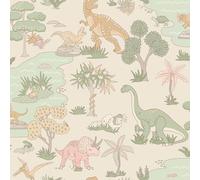 Holden Storybook Dino Zoo Cute Dinosaur Themed Wallpaper with Prehistoric T-Rex Velociraptor Snakes Animals for Children's Bedroom Nurseries for Boys and Girls Pink/Sage Green (14013)