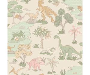 Holden Storybook Dino Zoo Cute Dinosaur Themed Wallpaper with Prehistoric T-Rex Velociraptor Snakes Animals for Children's Bedroom Nurseries for Boys and Girls Pink/Sage Green (14013)