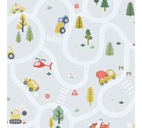 Holden Storybook Roundabout Road Fun Vehicle and Traffic Themed Wallpaper with Cars, Trucks, Helicopters, Diggers for a Playful Boys Bedroom Wall Light Blue (14082)