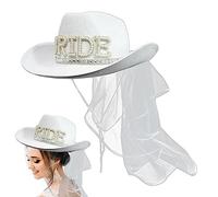 Holdes Fancy Bridal Cowgirl Hat - White Rhinestone Cowboy Hat Veil for Hen Night, White Cowgirl Hat 40 x 33 x 14 cm for Hen Night