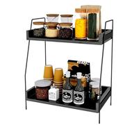 Holdfiturn Coffee Station Organizer 2 Tier Coffee Bar Accessories Organiser Wooden Kitchen Counter Shelf Coffee and Tea Station Organizer Standing Coffee Station for Kitchen Home Office (Black)
