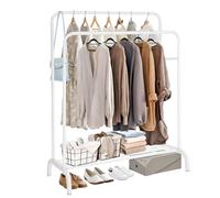 Holdfiturn Double Clothes Rail, Multifunctional Clothing Rail for Bedroom, 110 * 55 * 144cm Metal Hanging Rails, Heavy Duty Clothes Rack, Coat Rack, Garment Rack with Shoe Storage Shelf White
