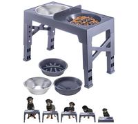 Holdfiturn Elevated Dog Bowls Raised Dog Bowl Stand with Slow Feeder Bowl & Non-Spill Slow Water & Stainless Steel Dog Food Bowls 5 Height Adjustable Bowls Stand for Medium & Large Dogs Grey