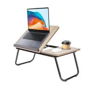 Holdfiturn Foldable Laptop Desk, Laptop Table with Cup Holder, Height Adjustable Computer Bed Tray Table, Reading Holder Notebook Stand for Eating Reading Working (Gray Wood Grain)