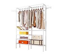 Holdfiturn White Clothes Rail Garment Clothes Rack With 6-Tier Storage Shelf And 4 Hooks Heavy Duty Clothes Organizer Shelf Freestanding Wardrobe For Lving Room Dressing Room Bedroom