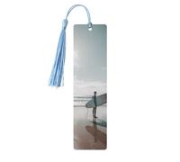 Holding a Surfboard Bookmarks Gifts for Women Men, Wooden Bookmarks for Book Lovers, Vintage Book Marks Ornaments with Tassel, Unique Personalized Reading Page Markers Sky Blue