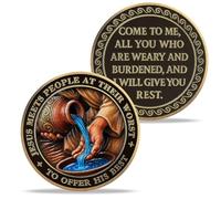 Holding Water Container Religious Prayer Coins, Double Sided Christian Challenge Coin Quote Matthew 11:28, Jesus' Salvation Christian Gifts Coins for Christian Church School