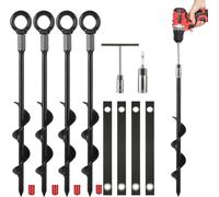 HoldOneLight 4 Pack Heavy Duty Trampoline Anchors Stakes Kit - 14.5 Inch Screw-in Ground Anchors with Adjustable Tie-Down Straps for RV Awning, Swing Set, Canopy, Tent & Dog Tie Outs (4pcs)