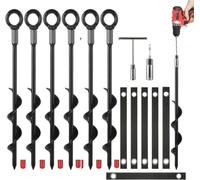 HoldOneLight 6 Pack Heavy Duty Trampoline Anchors Stakes Kit -15.5 Inch Screw-in Ground Anchors with Adjustable Tie-Down Straps for RV Awning, Swing Set, Canopy, Tent & Dog Tie Outs