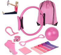 HoldOneLight Pilates Kit 13 pcs, Better Pilates Essential Kit for Home Workouts, 12” Pilate Circle Yoga Ring, Pilates Ball, Resistance Bands, Pilates Socks, Pilates Sets for Women Gift (Pink)